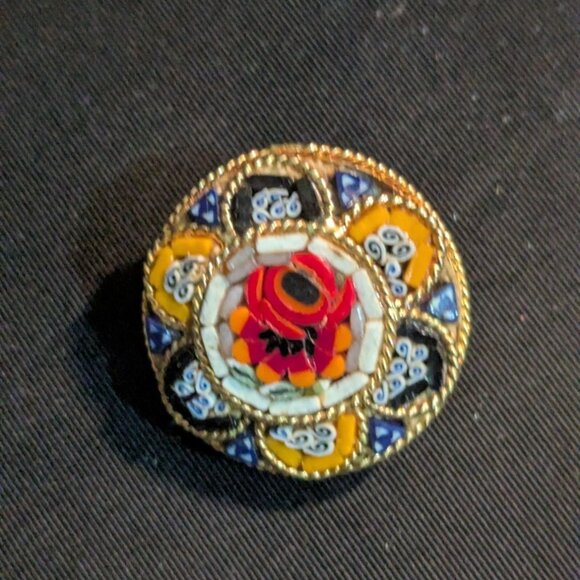 Vintage Italian Gold Tone Millefiori Mosaic Pin Brooch Floral Design 1.5" multic - Picture 5 of 8